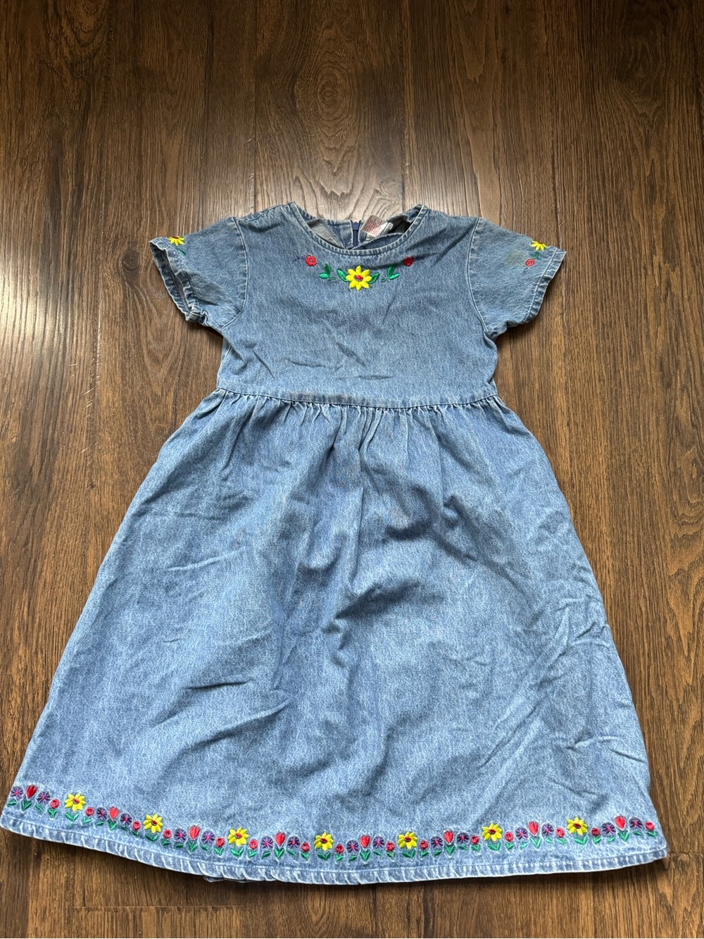 Copper Key Blue Denim Dress with Floral Embroidery